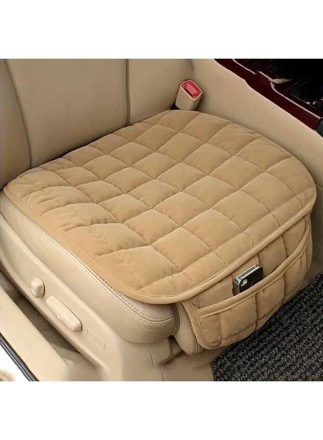 Beige 2pcs Universal Soft Plush Car Seat Cover Winter Warm Anti Slip Breathable - Image 1